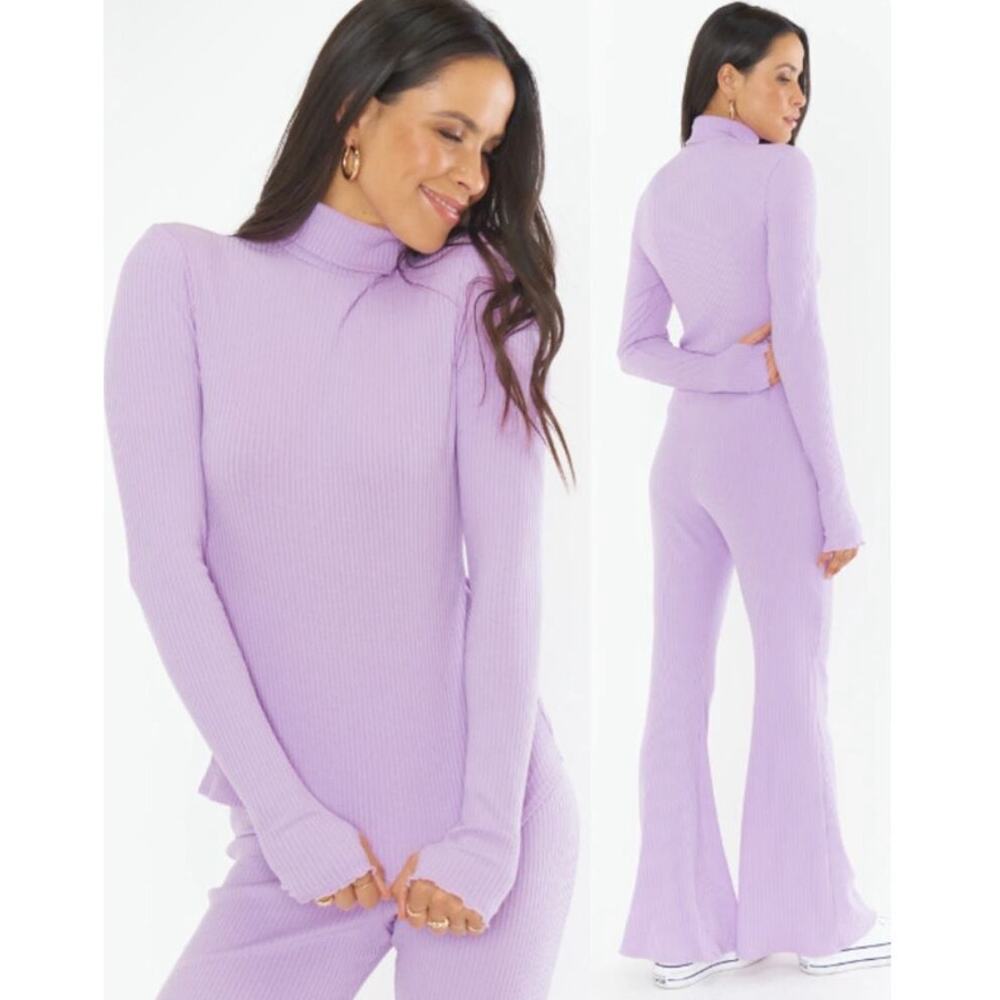 $238 New Show Me Your Mumu Lilac Rib Knit Turtleneck and Flare Pants SET - XS